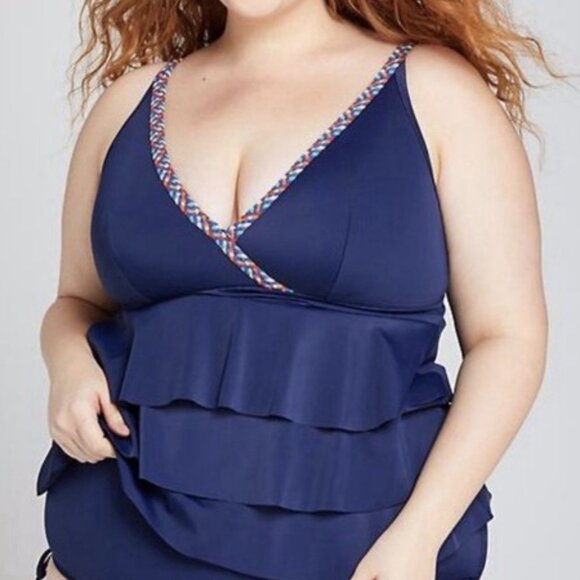 Cacique Swimsuit Tankini Top Size 22 Swim Ruffle Layered Braided Rainbow Trim - Picture 1 of 5